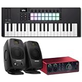Novation Launchkey Mini 37 MK4 MIDI Keyboard Controller Bundle with Focusrite Scarlett 4i4 4th Gen Interface and ADAM Audio D3V Monitors — 4-In/4-Out Studio Kit for Production, Recording, Beat Making