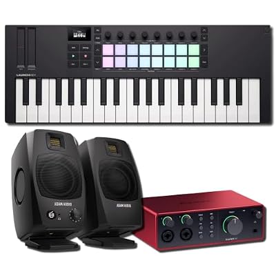 Novation Launchkey Mini 37 MK4 MIDI Keyboard Controller Bundle with Focusrite Scarlett 4i4 4th Gen Interface and ADAM Audio D3V Monitors — 4-In/4-Out Studio Kit for Production, Recording, Beat Making