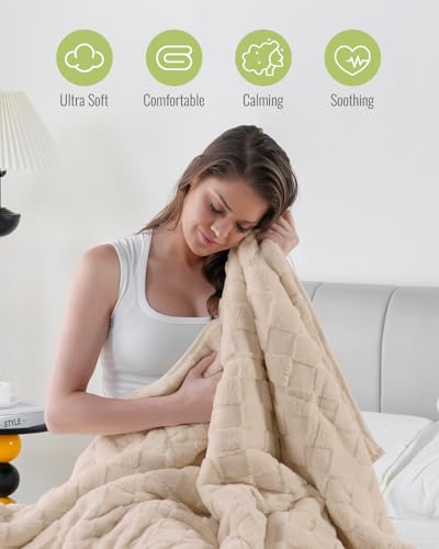 Uttermara Sherpa Fleece Weighted Blanket Full Size(12lbs, 48" x 72", Khaki), 3D Jacquard Checkered Warm Sherpa Heavy Blanket for Adults, Soft Fuzzy Weighted Blankets for Couch Bed Sofa