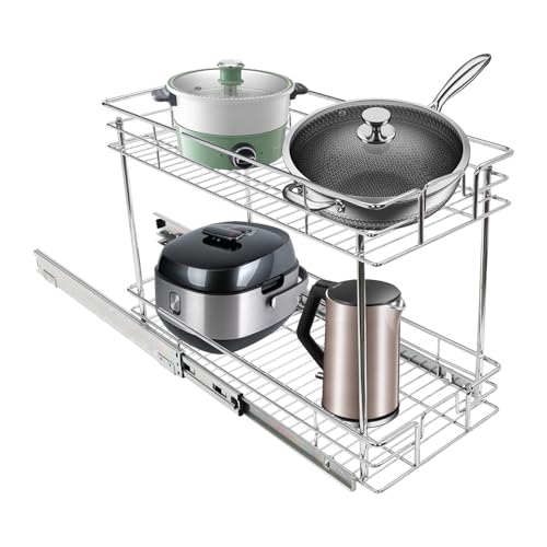 XUFOPLY Pull Out Cabinet Organizer, 2 Tier Slide Out Drawers Cabinet Organizer Heavy Duty Cabinet Pull Out Shelves for Kitchen Cabinets Bathroom (Silver, 10.5