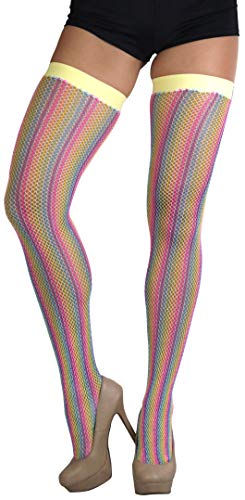 Image of ToBeInStyle Women's Rainbow Bright Multicolor Nylon Thigh High Stockings