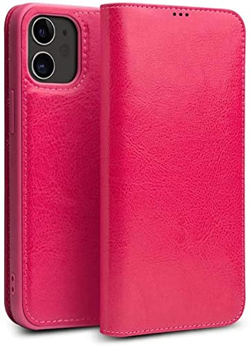 Étui portefeuille iPhone 12 Mini rose rouge clapet cuir véritable