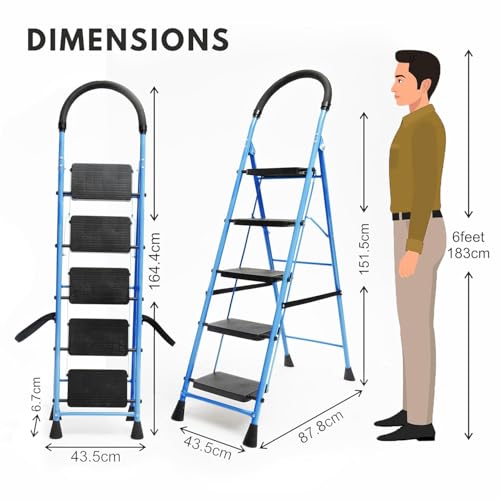 Image of FLIPZON 5 Step Folding Ladder for Home Use | Heavy Duty Steel Step Ladder with Anti-Skid Wide Steps & Soft Grip Handle | Strong, Safe & Durable Ladder for Kitchen, Cleaning & Office (Black & Sky Blue)