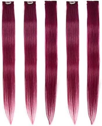 Winsky Burgundy Clip in Colored Hair Extensions 100% Real Human Hair - Straight Highlights Colored Clip on Christmas Hairpieces 5 Pieces/Set (18inch, Burgundy)
