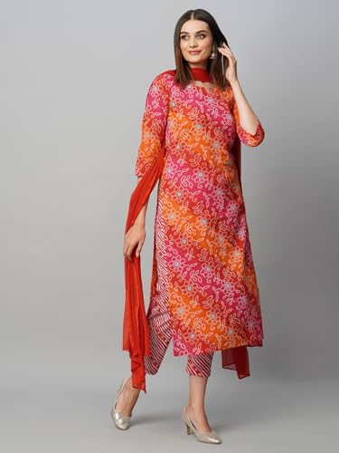 Image of GoSriKi Women's Cotton Blend Printed Straight Kurta with Pant & Dupatta