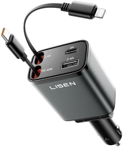 LISEN車 充電器巻き取りしがーソケット usb【2026年・69W急速充電・最小4in1】シガーソケット USB-C+USB-L 80cmケーブル