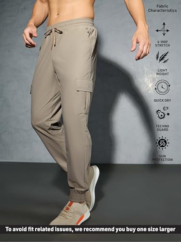 Image of TECHNOSPORT Men's Solid Slim Fit Sports Cargo Joggers DURACOOL+ Quick Dry Breathable Moisture Wicking Stretch Gym Track Pants Running Training Fitness Activewear