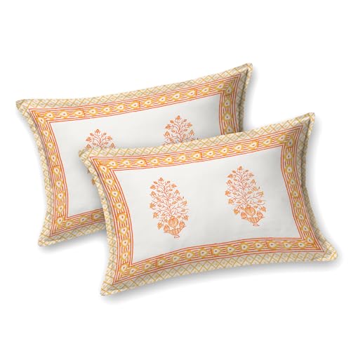 Image of BLOCKS OF INDIA Hand Block Printed 200 TC Cotton King Size Bedsheet (Orange Leaf)