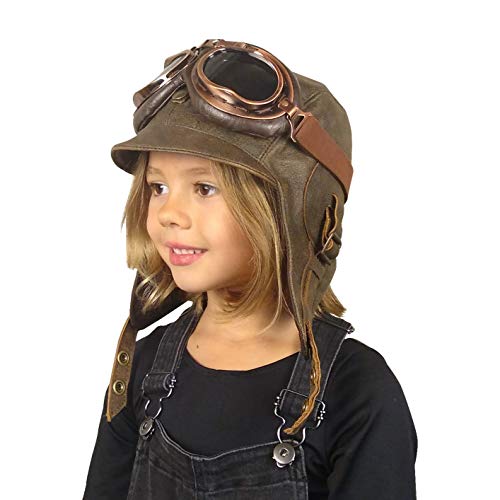 Kids Aviator Hat with Goggles, Real Brown Leather, Children's Pilot Flying Cap/Helmet (XXSmall, Hat + Goggles A)3