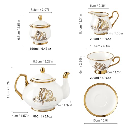 Fanquare 21-Piece Vintage British Porcelain Tea Set, Silver Floral Afternoon Tea Set with Gold Accents, Coffee Cup and Saucer Set with Spoons for Weddings - Image 6
