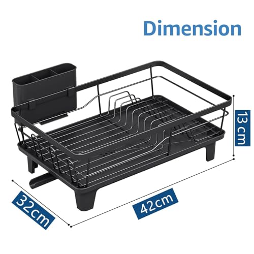 Image of MOROVIK Utensils Drying Rack /Dish Drying Rack with Drainer Tray /Anti Rust, Smart Drainage System Drainboard with Detachable Cutlery Holder /Kitchen Vessels Organizer & Water Utensils Basket (Black)