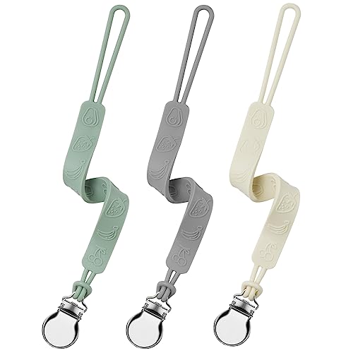 Image of Silicone Pacifier Clip, Seposeve Pack of 3 Baby Pacifier Teether Clip with 4 Texture, Soft Flexible Silicone Pacifier Leashes & Cases for Boy and Girl, Keeps Pacifier Clean, Green Grey White