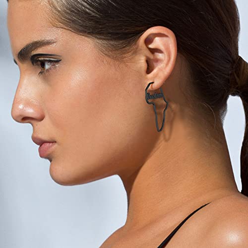 Black African Earrings, Wwomen's 45Mm Personalized Black Metal Plated Stainless Steel Map Of Africa Stud Earrings With Name On It #TOP2