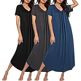 Ekouaer 3 Pack Long Nightgowns for Women Plus Size House Dress Short Sleeve Night Gown V Neck Casual Nightshirt Black/Grey/Blue X-Large