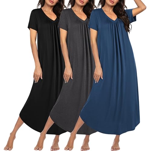 Ekouaer 3 Pack Long Nightgowns for Women Plus Size House Dress Short Sleeve Night Gown V Neck Casual Nightshirt M-4XL