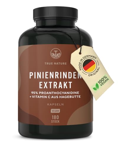 Pinienrindenextrakt Kapsel hochdosiert - 660mg für 180 Tage - Kiefernrindenextrakt mit Proanthocyanidien + natürliches Vitamin C - Premium: Französische Seekiefer - Ohne Zusätze - TRUE NATURE