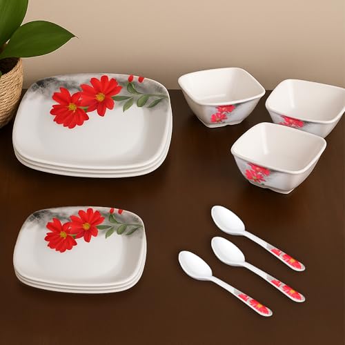 Image of Thermador Pack of 12 Melamin Dinner Set Red White | Dinner Sets | Melamine | Dinner Set for Wedding Gift | Quarter Plates Set of 12 | 12 Pieces | Red White | Dinnerware Set