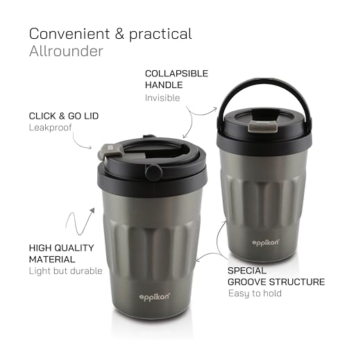 Foto von eppikan eppiCafé Edelstahl Thermobecher mit klappbarem Tragegriff - auslaufsicherer Coffee-To-Go-Becher für Kaffee und Tee 400 ml (Electric Copper)
