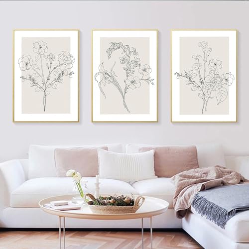Set de 3 cuadros abstractos de flores botánicas en lienzo de 50x75cm para decoración moderna