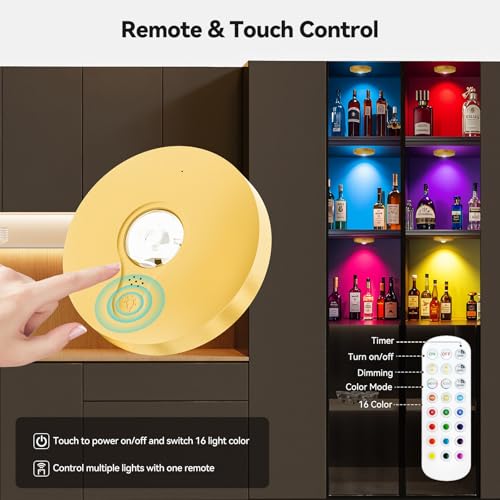 Image of Rechargeable Puck Lights with Remote, 3 Pack Magnetic Under Cabinet Lighting, 1500mAh Battery Operated LED Tap Lights with Dimmer & Timmer for Kitchen, Closet, Shelf - 3 Color Temps & 12 RGB, Gold