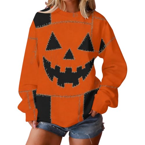 Women Halloween Sweatshirt Scary Pumpkin Face Colorblock Crew Neck Pullover - image 6