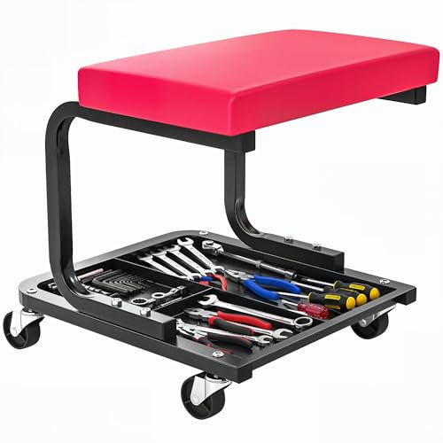 HOMCOM Tabouret de mécanicien Tabouret d'atelier Mobile Charge 135 kg, Plateau Outils Inclus, siège d'atelier avec roulettes Lisses pivotant à 360°, pour...