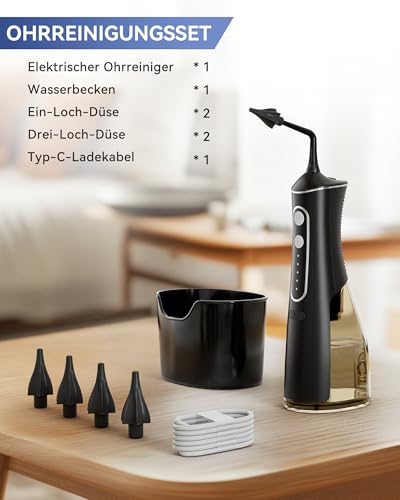 SEEDEAR Elektrischer Ohrenschmalz Entferner, IPX7 Wasserdichter Ohrreiniger-Set mit 4 Modi & DIY Wasserdruck-Ohrspülung - 4 Ohrspitzen im Set, Sicher für Erwachsene & Kinder (dunkel schwarz)
