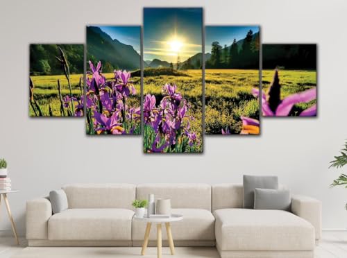 Tableau decoration murale en 5 parties champ d'orchidees pour salon