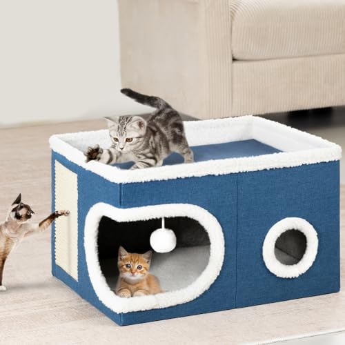 BAKAJI Cuccia per Gatti con Ingresso Tondo e Bordo in Lana, Casetta Rifugio per Animali Domestici, Tiragraffi in Poliestere Caldo e Imbottito, Cuccetta Graffiatoio Base Antiscivolo 58x42x33cm (Blu)