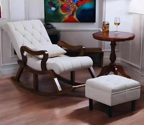 Image of Solid Sheesham Wood Rocking Chair for Living Room with Footrest and Pillow | Ergonomic Resting Chair with Ottoman for Relaxing and Pregnant Women (White)