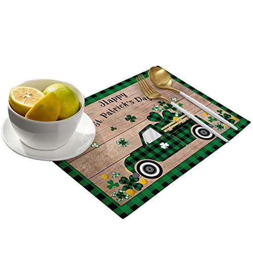 St. Patrick's Day Truck Placemats Set Of 6,Shamrocks Green Plaid Clovers Table Placemats Retro Wood Grain Place Mats Non Slip Washable Table Mats Set For Kitchen Dining Table,Holiday Party Decoration #TOP1