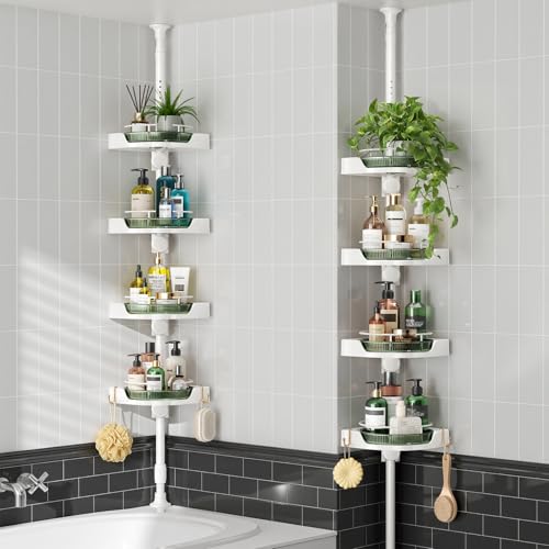 Image of AKINBAS 360 Rotating Shower Caddy Tension Pole with 4-Tier Rustproof Lazy Susan 35-128 Inch No Drilling Coner Shelves Adjustable Shower Rack for Bathroom Bathtub Washbasin Plant Storage (White+Green)