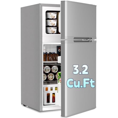 Kismile 3.2 Cu.Ft Mini Fridge with Freezer, 2 Door Dorm Refrigerator Grey