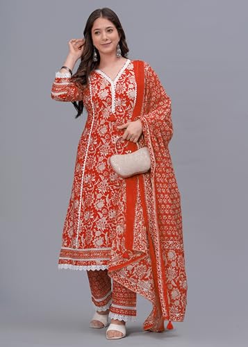 Image of Amayra Women's Pure Cotton Printed Straight Kurta Set with Palazzo Pants & Dupatta- Ethnic Wear