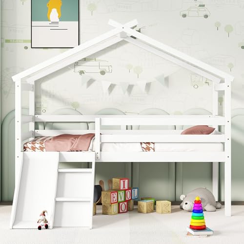 SOFTSEA Twin Size Low Loft Bed with Slide, Ladder and Safety Guardrails, Wooden Loft Bed Frame with Roof Design for Boys and Girls Bedroom, No Box Spring Needed, Easy Assembly, White