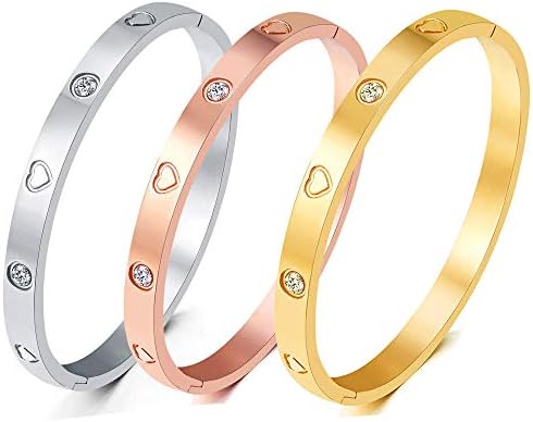 MVCOLEDY Valentines Day Gifts Jewelry Gold/White Gold Plated Bangle Bracelet Heart Stone Stainless Steel with Crystal Bangle Bracelets for Women Jewelry Size 6.7 Inches (3 Sets(Rose,Gold,Silvery))
