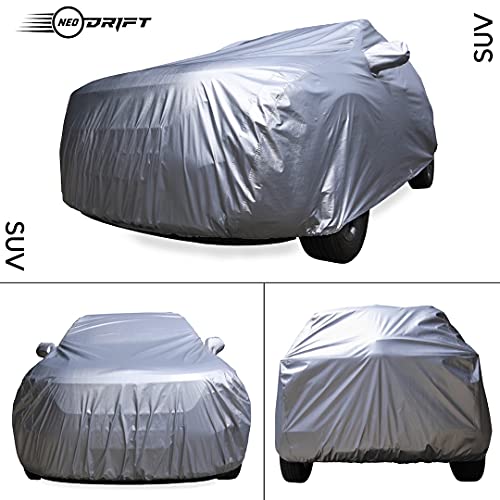 Image of NEODRIFT 'CrystalTech' All Weather Protection Car Cover for Skoda Kushaq - Dust, Waterproof, Durable Cover - Triple Stitched Elastic Grip with Mirror and Antenna Pocket - Silver