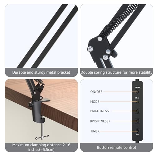 Image of Upgrade Swing Arm LED Desk Lamp with Clamp, 80 LED Beads, 5 Color Modes & 11 Brightness Levels, 360 Adjustable Arm, Eye-Caring Light CRI95, Timer & Memory Function, for Office, Study, Crafting