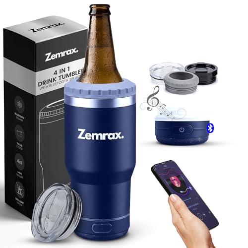 Bluetooth Speaker Can Cooler – 4-in-1 Insulated Beer & Bottle Cooler + 14oz Tumbler | Fits Slim & Standard Cans | Stainless Steel Vacuum Insulated Drink Holder | Unique Gifts for Men
