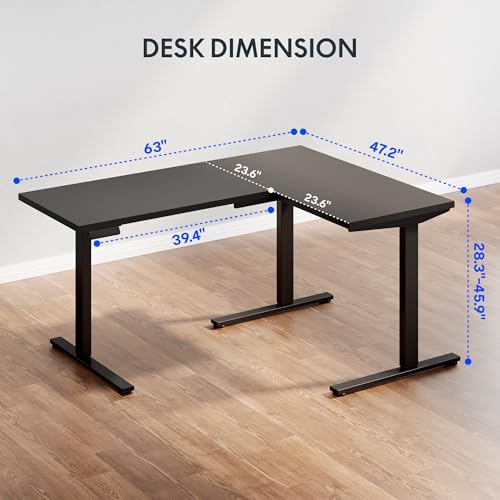 Image of FLEXISPOT L Shaped Standing Desk, 63 x 47 Inch Electric Height Adjustable Corner Desk, Sit Stand Computer Workstation, Preset Controller, Home Office, Black Frame with Black Top