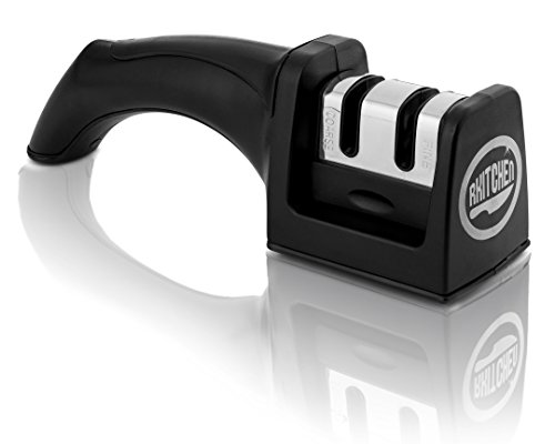 RKITCHEN Knife Sharpener for Straight Kitchen Knives - Professional 2-Stage Sharpening System - Transform Your Blunt Knives Into Razor Sharp Knives - Safety Handle and Non-Slip Base - BLACK