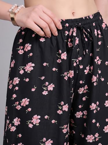 Image of THUMBA Women's Printed Poly Rayon Palazzo Pants | Wide Leg Culottes | Floral & Butterfly Print | Elastic Waist | Casual & Ethnic Wear | S M L XL 2XL 3XL