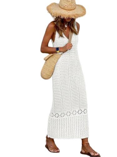 SISKIN Women's Long Crochet Beach Cover Ups Swimwear Mesh Bathing Suit Sexy Beach Maxi Sleeveless Dress in Summer White