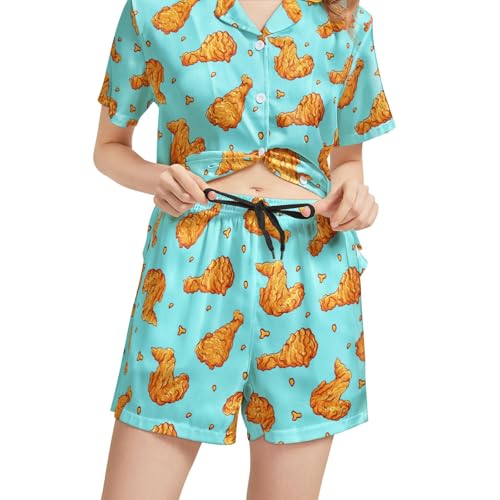 Image of Funny Satin Pajamas Set for Women Button Down Sleepwear Print Pjs Set 2 Piece Short Sleeve Loungewear Gift for Women