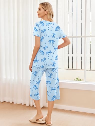 Image of Ekouaer 2 Pack: Women's Pajamas Set Short Sleeve Sleepwear Capri Pants Pjs Soft Loungewear with Pockets