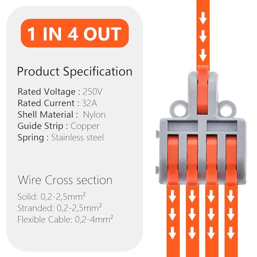 XALXMAW 10Pcs Lever Wire Connectors, 1 in 4 Out DIY Mini Quick Terminal Block Compact Splice Electrical Connectors, 24-12 AWG - Thumbnail 4