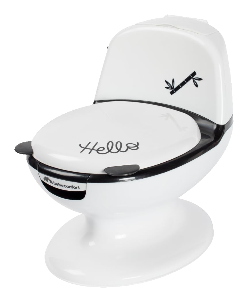 Bebeconfort Vasino Bambini, Mini WC per bambini 1-3 anni, 0-20 kg, Suono Sciacquone, Paraspruzzi, Vaschetta Rimovibile, Facile da pulire, Piedino in gomma, Black Panda