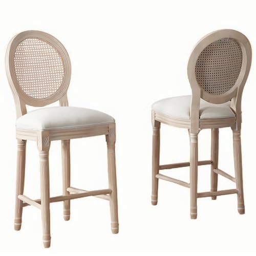 Butacos de Bar French Country, Altura de Encimera 26", Asiento Tapizado en Lino y Espalda de Ratán, Sillas de Madera para Cocina, Bar, Comedor y Café, Color Beige