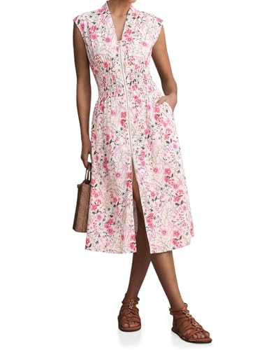 Image of Wenrine Womens Summer Smocked Midi Dress Casual Zipper V Neck Cap Sleeve High Slit Flowy Long Dresses