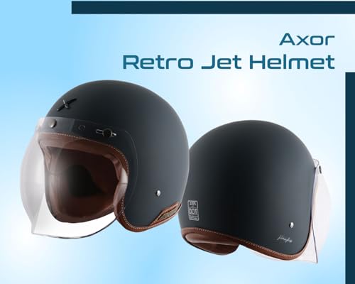 Image of Axor Retro Jet Leather ISI Dot Certified Lightweight Open Face Helmet for Men and Women with Clear Bubble Visor Dull Slate(L)